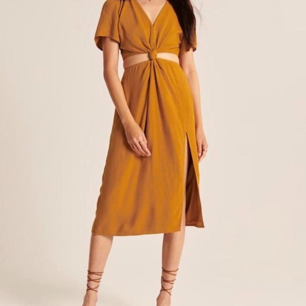 EUC Abercrombie & Fitch Knot front Cutout Midi Dress Linen Blend Golden XS